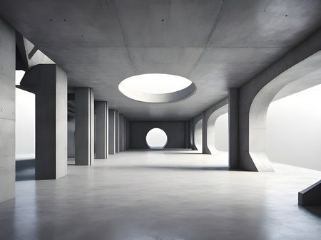 a large room with a round window and concrete wallsの素材