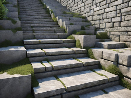 a stone staircase leading up to a stone wallの素材