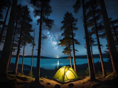 a tent in the woods at nightの素材