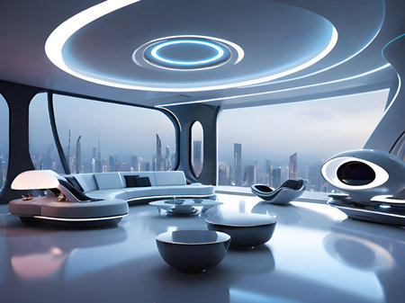 a living room with a large tv and a couchの素材