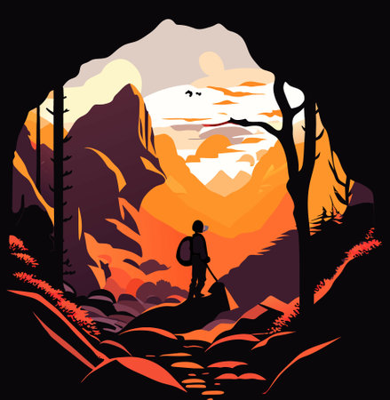 silhouette of a man in the mountains, illustrationの写真素材