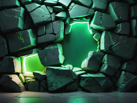 a room with a stone wall and a neon lightの素材