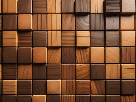 a wall made of wooden blocks with a brown backgroundの素材