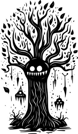 hand drawn tree and leaves. illustration in doodle style. black and white.の写真素材