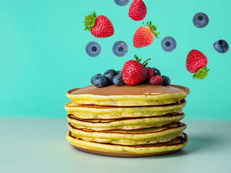 delicious pancakes on a blue backgroundの素材