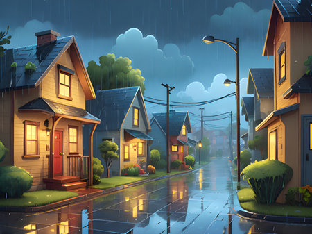 dark city with storm clouds, street scene with houses, trees and lanterns.の素材
