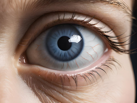 close up view of eye with blue lens in the backgroundの素材