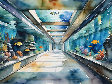watercolor underwater landscape illustration of fish in the aquarium.の素材