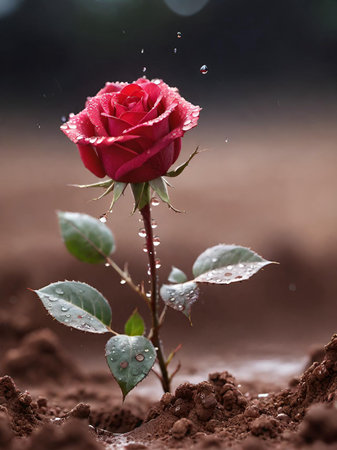 red rose with water drops on the groundの素材