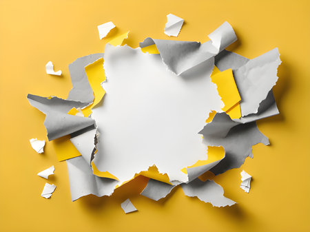 blank paper note with torn paper on a yellow backgroundの素材