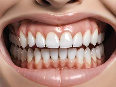 close up of a woman 's teeth with a white smileの素材