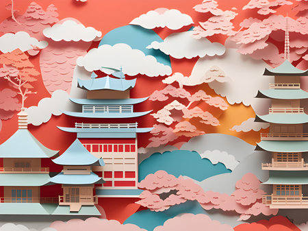 3d illustration of japanese view paper art background.の素材