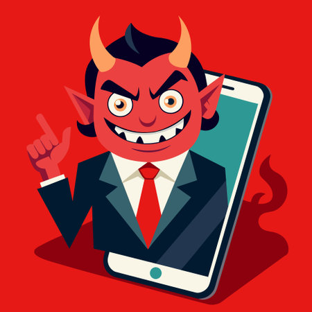 devil businessman holding a smartphone. illustration cartoon character