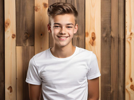 portrait of a handsome teenager boy in white t shirt on wooden backgroundの素材