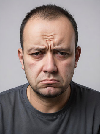 sad man looking at camera on grey background, negative emotions, emotion, bad news conceptの素材