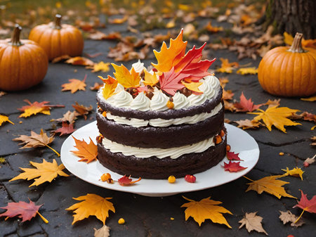 chocolate cake with cream and berries. in autumn forestの素材