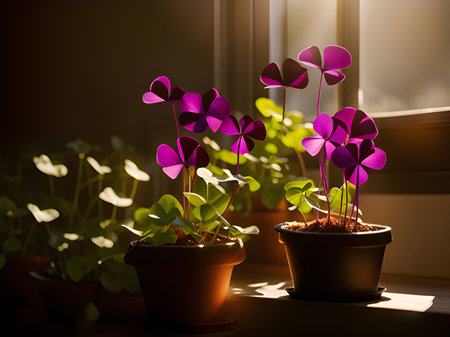 beautiful purple Amazing beautiful Oxalis triangularis or false shamrock flowers in a pot. close up.の素材