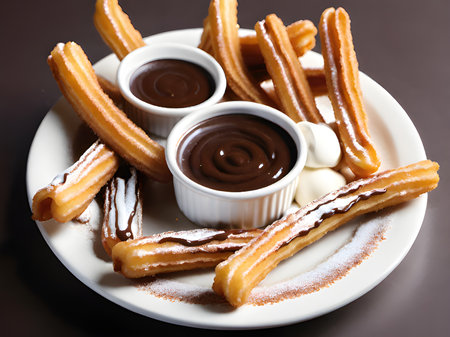 churros with chocolate sauce, cinnamon and sugarの素材