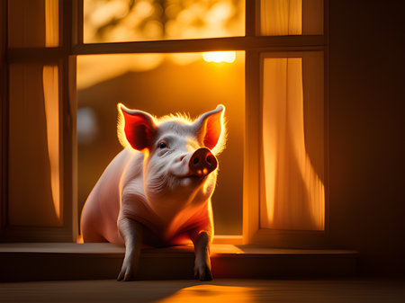 a closeup shot of a young pig in a wooden houseの素材