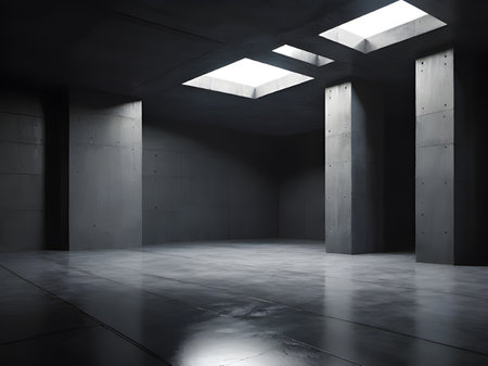empty dark room interior with concrete walls and concrete floor. night view.の素材