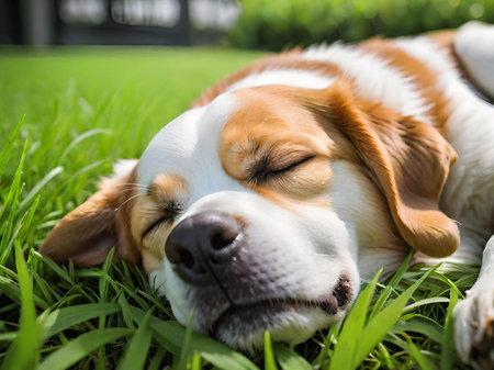 dog sleeping in the parkの素材