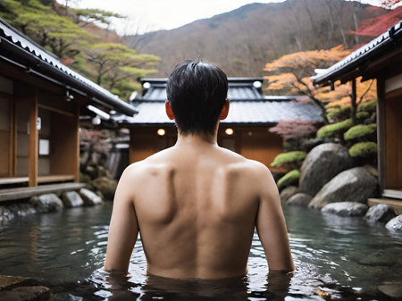 asian man in japanese traditional clothes in spa pool.の素材