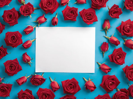 red roses with blank white paper and blank card for your text on a blue background. flat lay.の素材