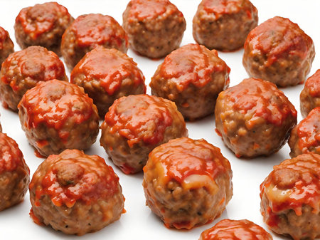 tasty meatballs in tomato sauce isolated on white backgroundの素材