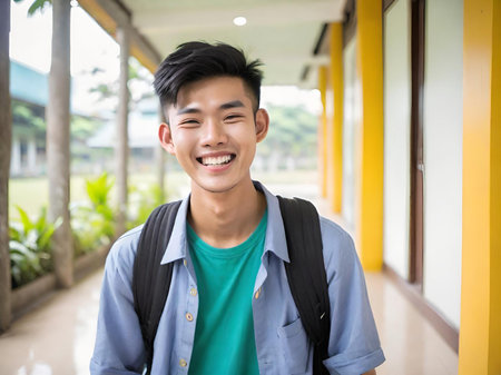 portrait of young asian student boy relaxing at the parkの素材