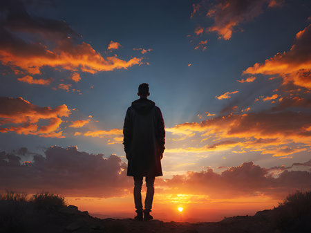 silhouette of a man on beach at sunsetの素材