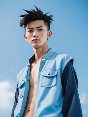 young asian man wearing blue suit standing at beach looking awayの素材