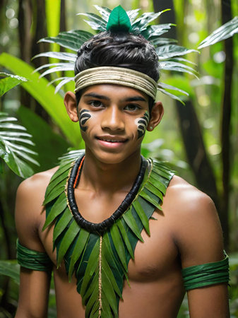 portrait of a handsome young boy wearing the jungle leavesの素材
