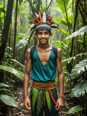 portrait of a handsome young boy wearing the jungle leavesの素材