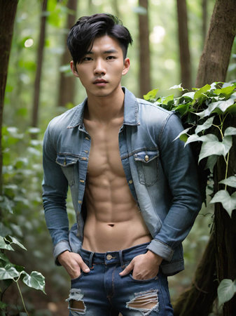 handsome asian man in jeans and leather jacket in forestの素材