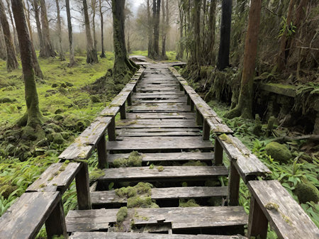 wooden path in a dark autumn forestの素材