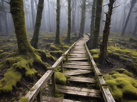 wooden path in a dark autumn forestの素材