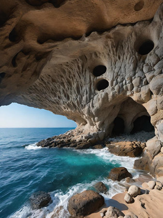 a beautiful view of the sea with a huge rock in the backgroundの素材