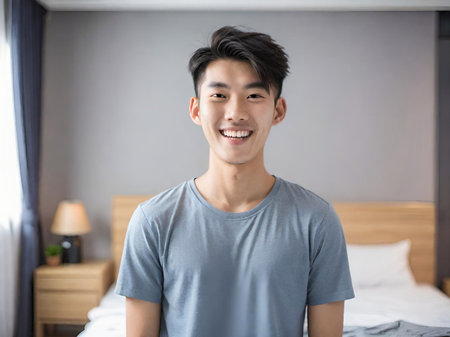happy asian man smiling in bedroomの素材