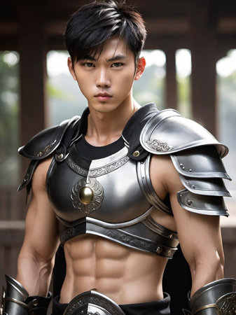 portrait of asian man in armor with sword in studioの素材