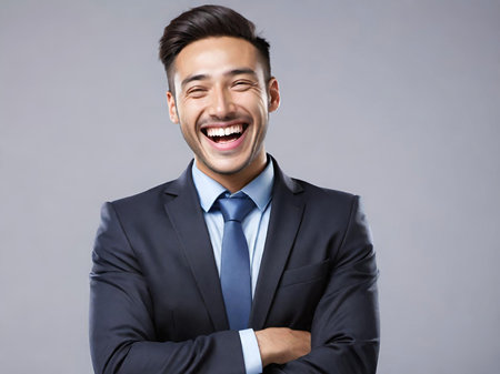 portrait of a handsome businessman smiling against gray backgroundの素材