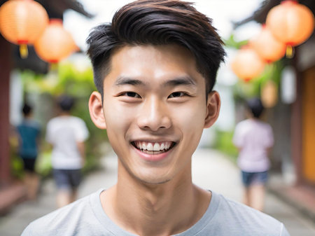 young asian man smiling and looking at cameraの素材