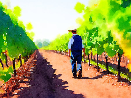 farmer in vineyard with watercolor paintingの写真素材