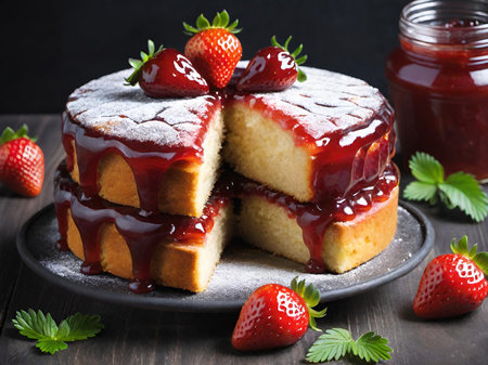 homemade strawberry cake with strawberry sauceの素材