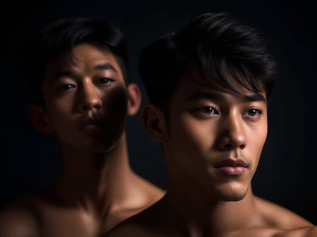 portrait of two young asian men with naked body.の素材