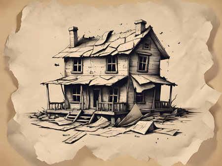 halloween house with ghost on old paperの素材