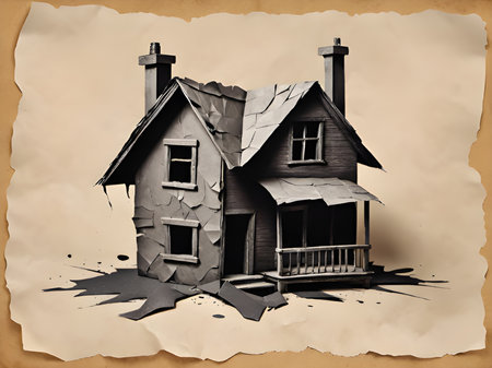 halloween house with ghost on old paperの素材
