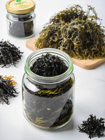 green tea leaves in a glass jarの素材