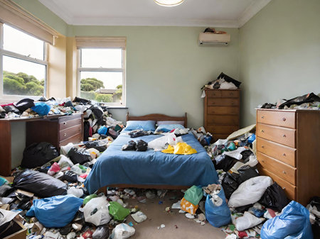 dirty messy interior with garbage bags.の素材