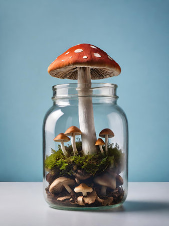 fresh mushrooms in a glass jar.の素材