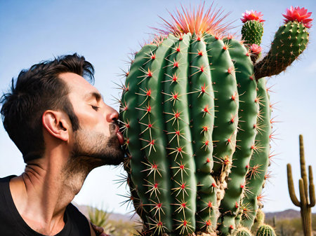 handsome man kissing cactusの素材